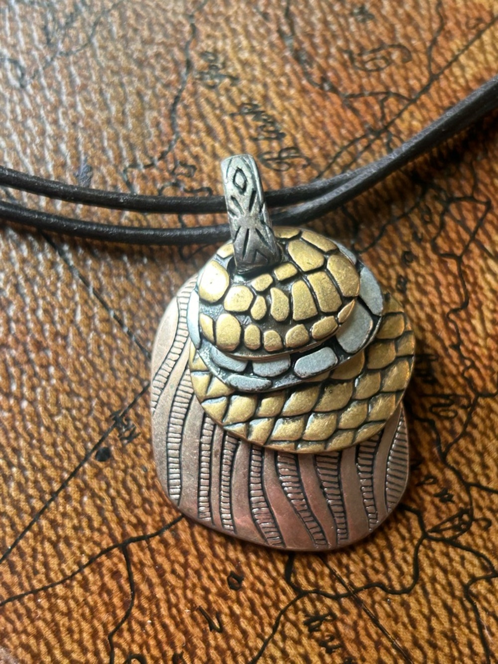 Chico's Metal Pendant Corded Necklace & Earring Set Copper/Brass/Silver - Picture 3 of 9